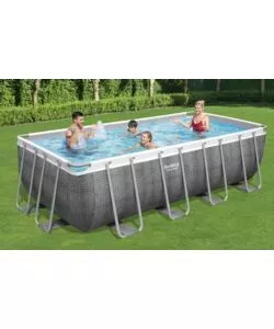PISCINA FUORI TERRA CON STRUTTURA RETTANGOLARE BESTWAY "POWER STEEL FRAME"  CON COPERTURA, FILTRO, SCALA E CHEMCONNECT EFFETTO RATTAN 488X244X122 CM - COD. 56996